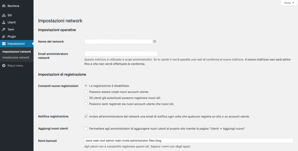 Pagina Impostazioni Network